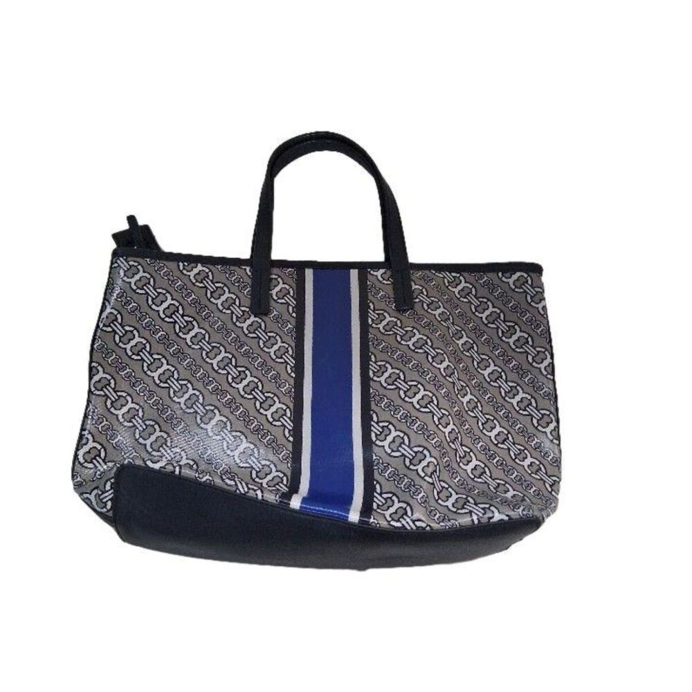 Tory Burch Gemini Link Large Coated Canvas Tote Bag French Gray Navy Stripe